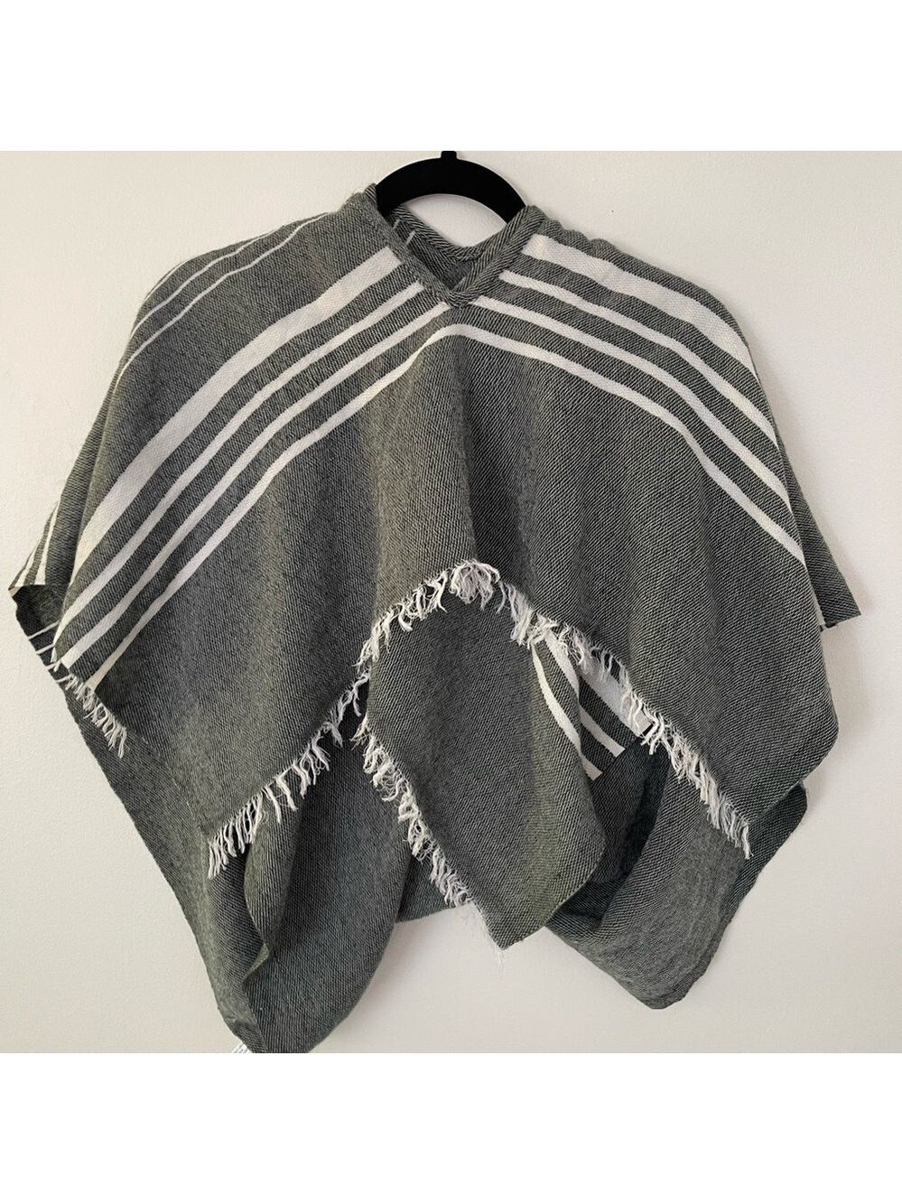 J Crew Gray White Striped Cape Scarf Cotton Blend Fringe